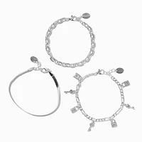 Silver-tone Lock & Key Snake Chain Bracelets - 3 Pack