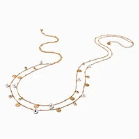 Long Gold-tone Coin & Pearl Confetti Multi-Strand Necklace