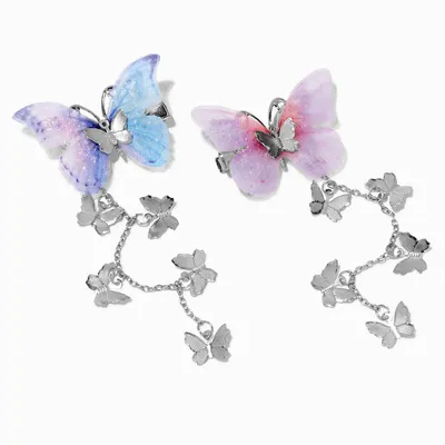 Silver-tone Pastel Butterfly Dangle Hair Clips - 2 Pack
