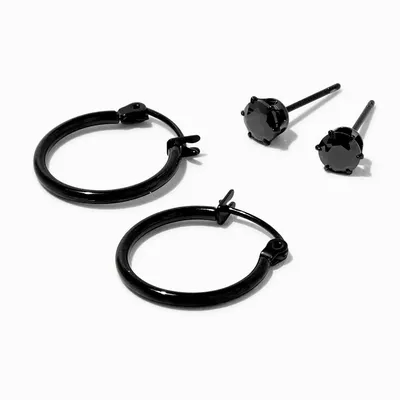 C LUXE by Claire's Black Titanium Cubic Zirconia 5MM Round Stud & 14MM Hoop Earrings