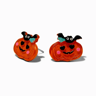 Friendly Pumpkin & Bat Stud Earrings