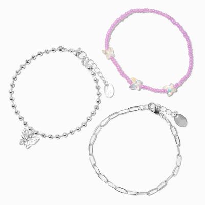 Silver Butterfly Purple Beads Bracelet Set (3 Pack)