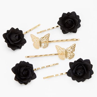 Gold Butterfly Flower Hair Pins - Black, 6 Pack