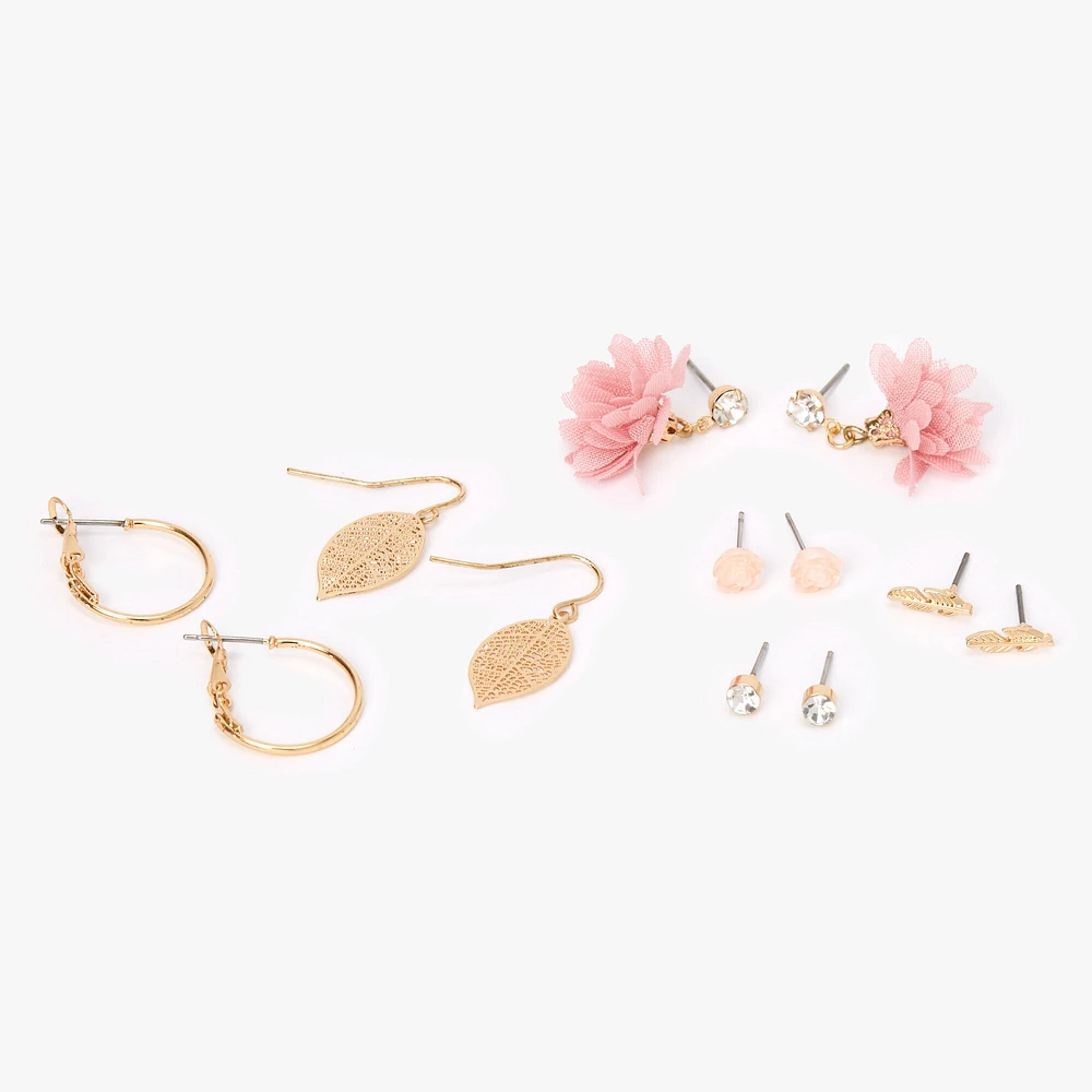 Pink Flower Gold-tone Leaf Mixed Earrings - 6 Pack