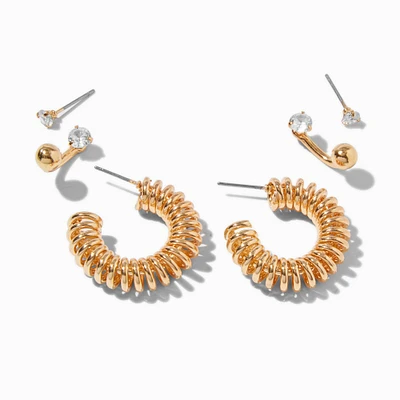 Gold-tone Cubic Zirconia Front & Back Earring Stackables Set - 3 Pack