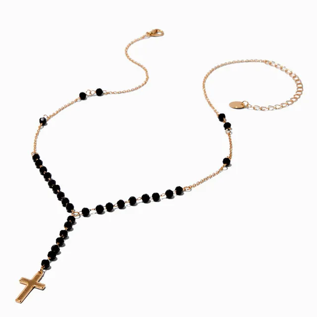 Claire's Black Beaded Gold-tone Cross Pendant Y-Neck Necklace