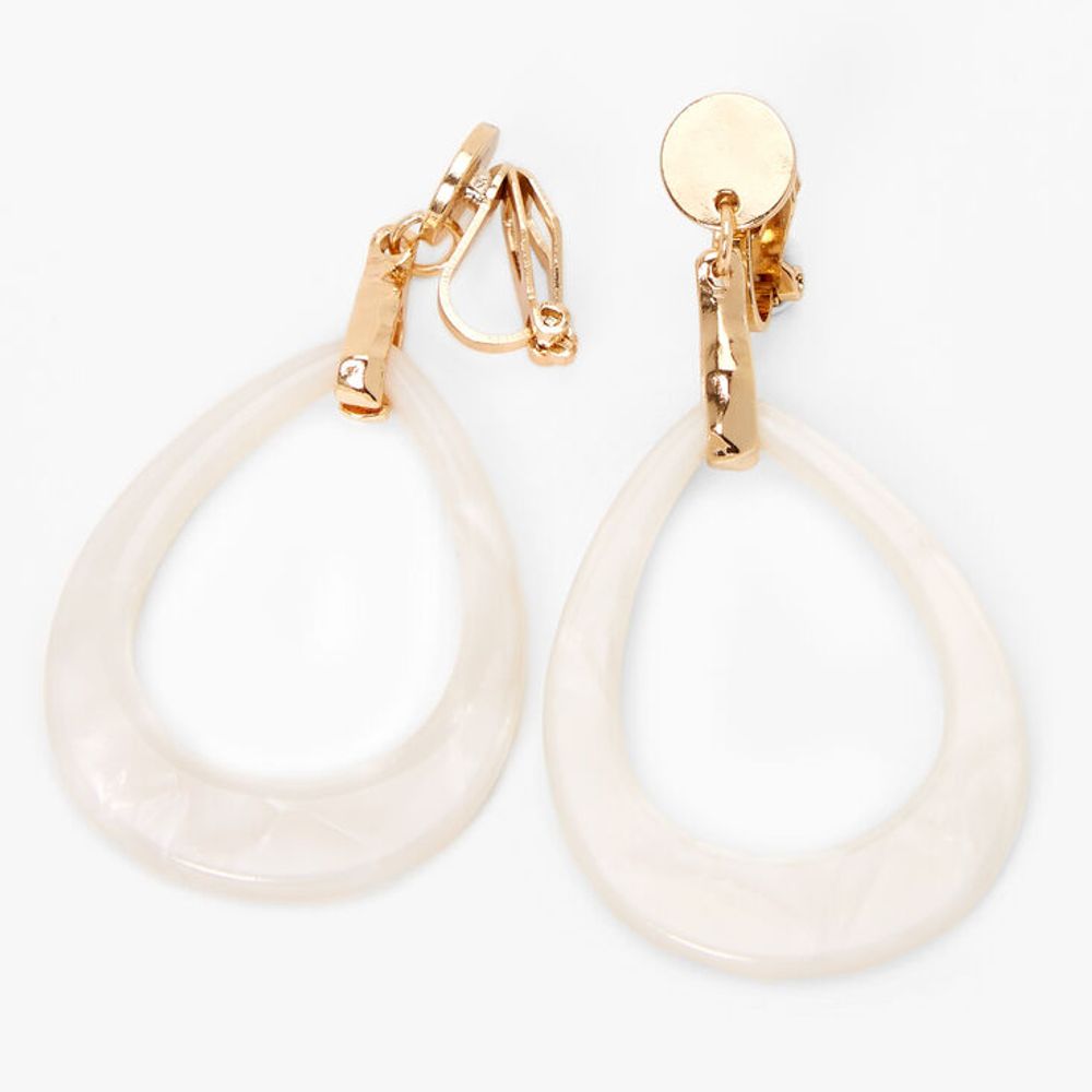Gold 2" Teardrop Clip On Drop Earrings - White