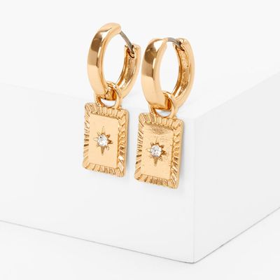Gold 15MM Crystal Square Huggie Hoop Earrings