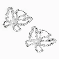 Silver-tone Pearl Butterfly Hoop Earrings