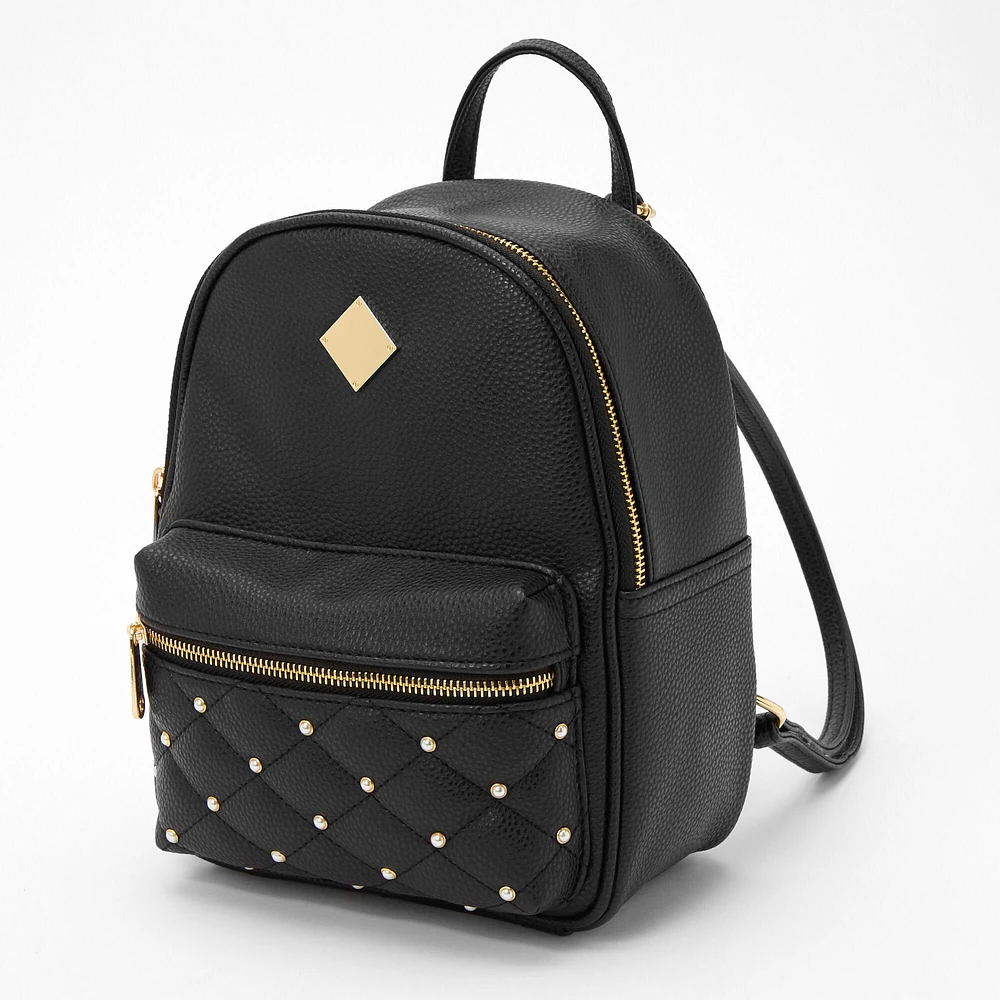 Black Quilted Pearl Studded Small Backpack