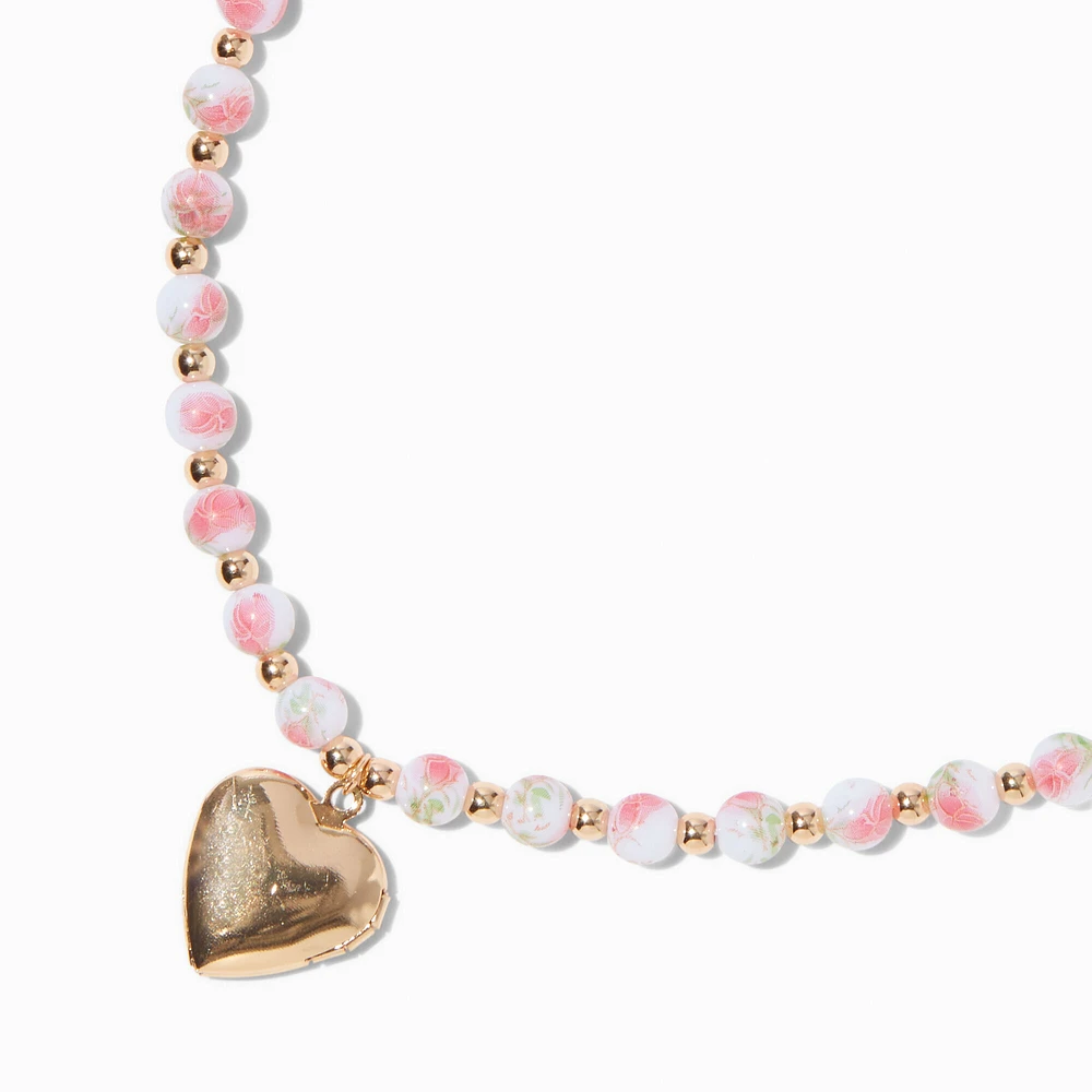 Gold-tone Heart Locket Rose Beaded Necklace