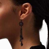 Black Spider & Web Linear Fringe 4" Drop Earrings