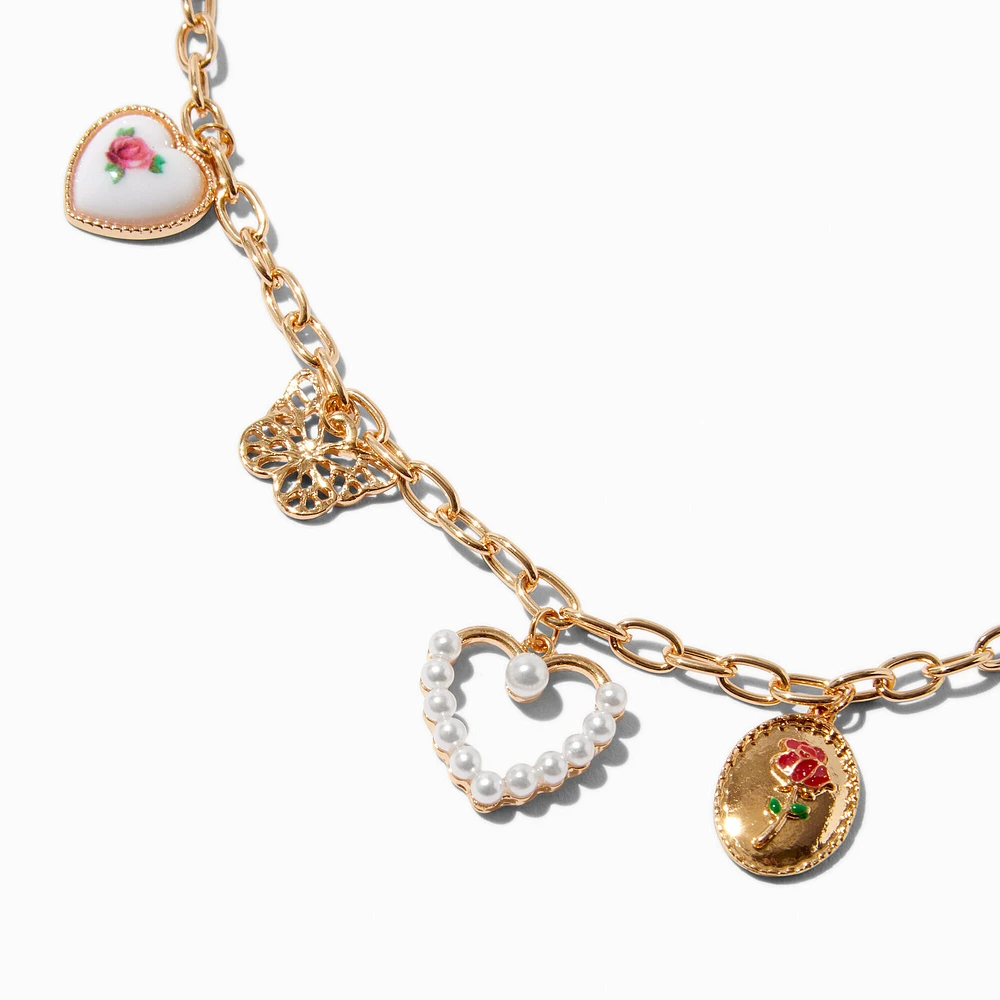 Gold-tone Floral, Heart & Butterfly Charm Necklace