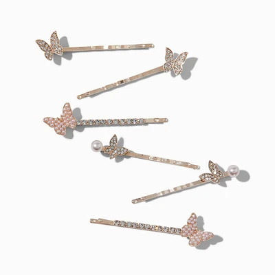 Rose Gold-tone Butterfly Rhinestone Pearl Hair Pins - 6 Pack