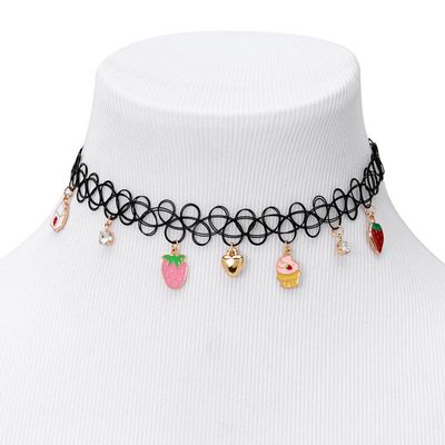 Strawberry Charm Tattoo Choker Necklace - Black