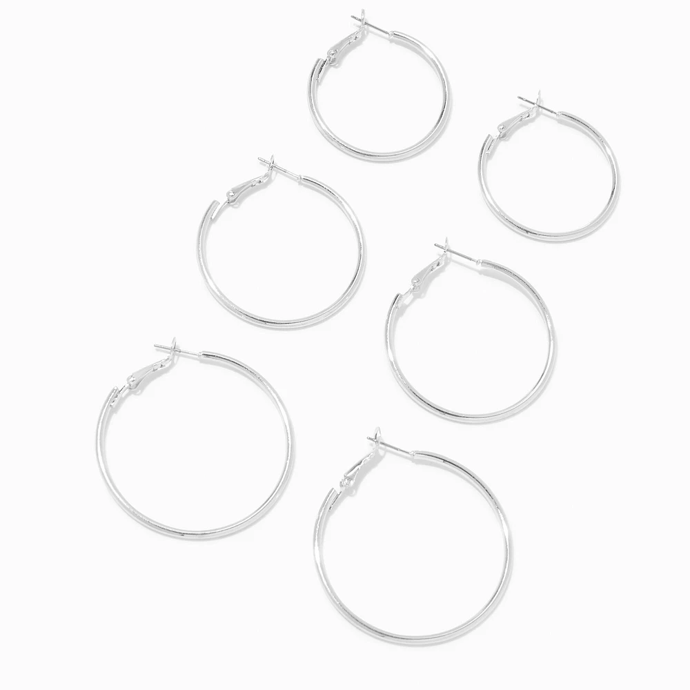 Silver-tone Graduated Hinge Hoop Earrings - 3 Pack