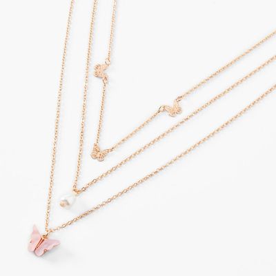 Pink Butterfly Multi Strand Gold Chain Necklace