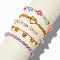 Gold-tone Heart Chain Seed Bead Bracelet Set - 5 Pack