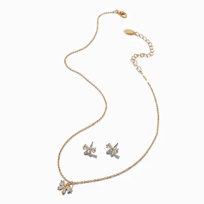 Gold-tone Cubic Zirconia Bow Pendant Necklace & Stud Earrings Set