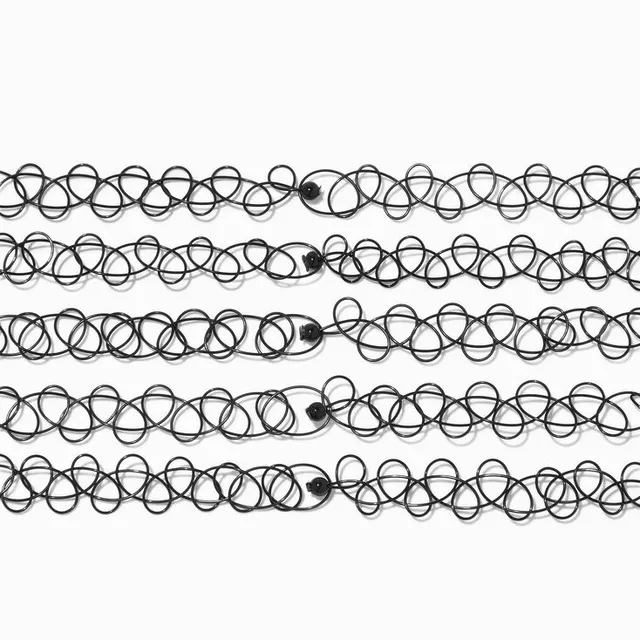 Silver Heart Star Mixed Cord Choker Necklaces - Black, 5 Pack