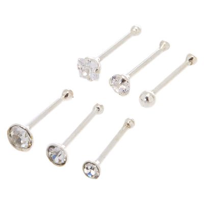 Sterling Silver 22G Faux Crystal Mixed Nose Studs - 6 Pack
