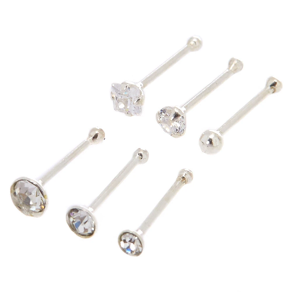 22G Sterling Silver Crystal Mixed Nose Studs - 6 Pack