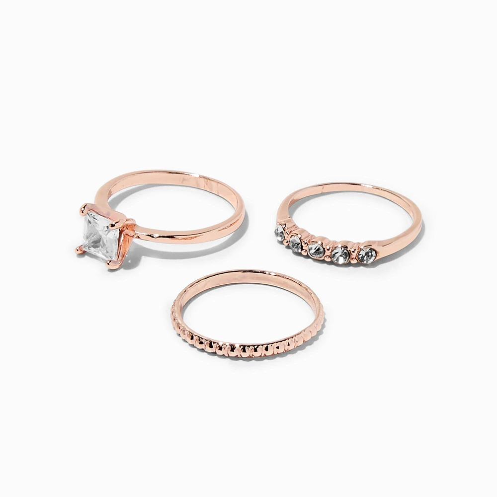 Rose Gold-tone Cubic Zirconia Square Ring Stack Set - 3 Pack