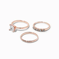 Rose Gold-tone Cubic Zirconia Square Ring Stack Set - 3 Pack