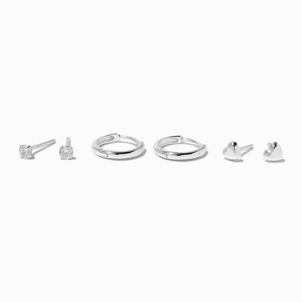 C LUXE by Claire's Sterling Silver Cubic Zirconia 2MM Round Stud, Hearts & 8MM Clicker Hoop Earrings - 3 Pack