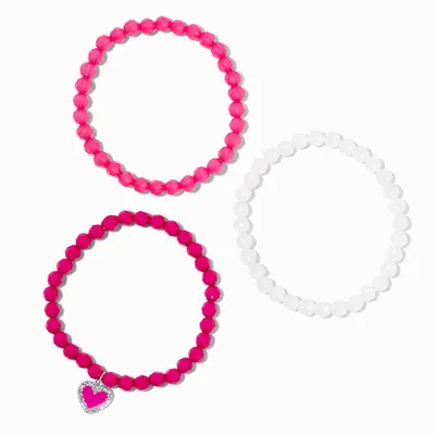 Hot Pink Heart Beaded Stretch Bracelets - 3 Pack
