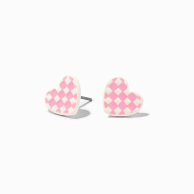Pink Glow In The Dark Checkered Heart Stud Earrings