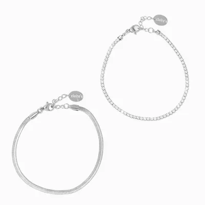 Silver-tone Stainless Steel Cubic Zirconia Snake & Cup Chain Bracelets - 2 Pack
