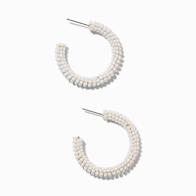 White Beaded Hoop Earrings