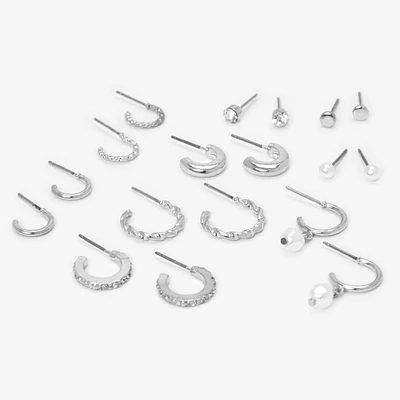 Silver Mixed Pearl Earrings Set - 9 Pack