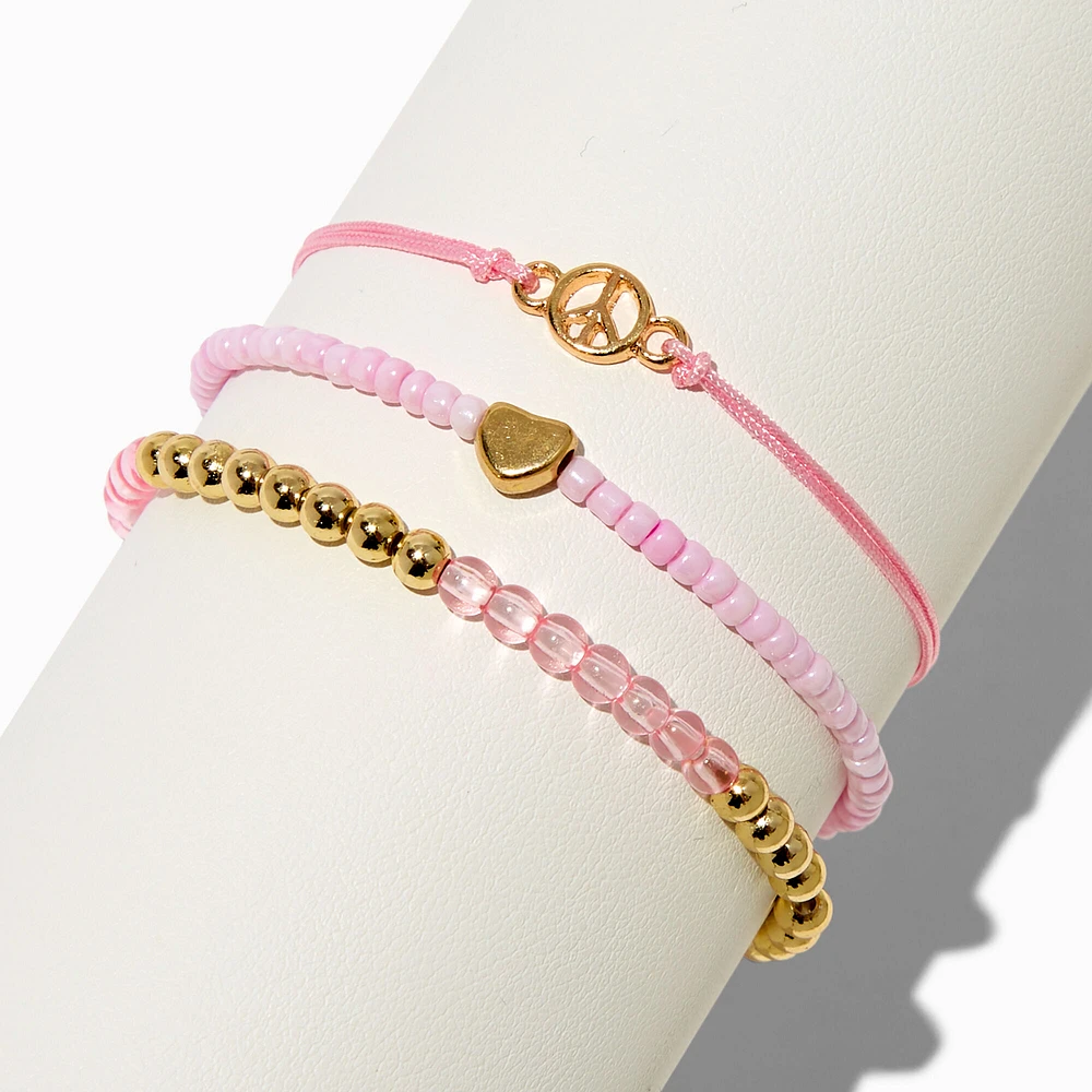 Peace Sign & Heart Pink Seed Bead Bracelet Set - 3 Pack