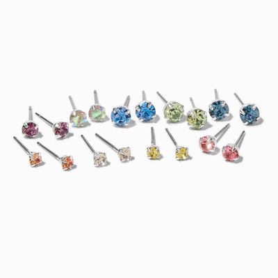 Rainbow Crystal Graduated Round Stud Earrings - 9 Pack