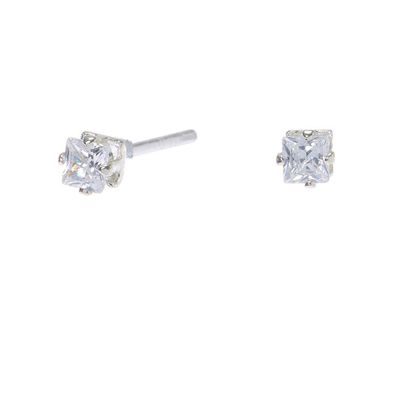 Silver Cubic Zirconia Square Stud Earrings - 3MM