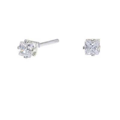 Silver-tone Cubic Zirconia 3MM Square Stud Earrings