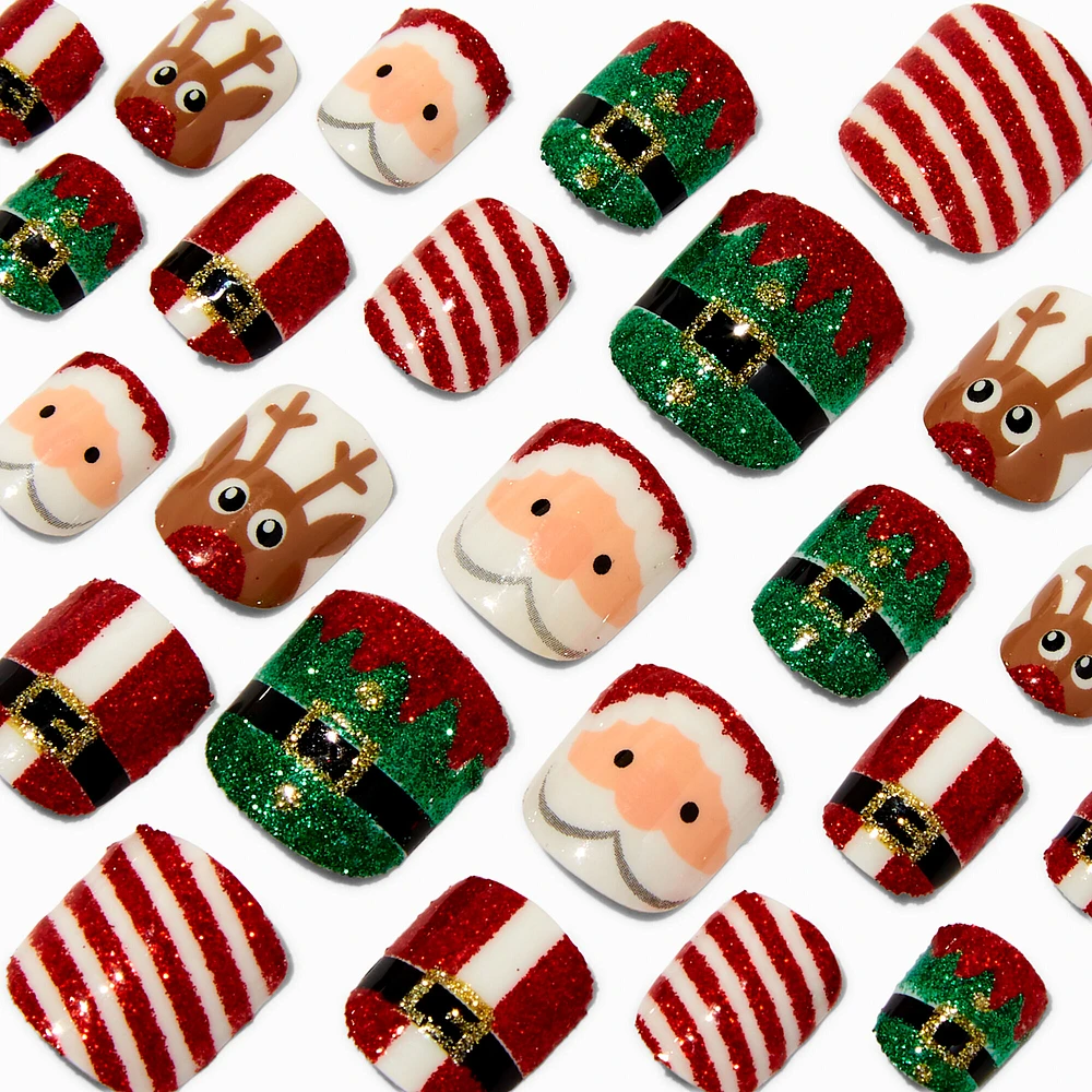 Elf, Santa Claus & Reindeer Glitter Square Press On Faux Nail Set - 24 Pack