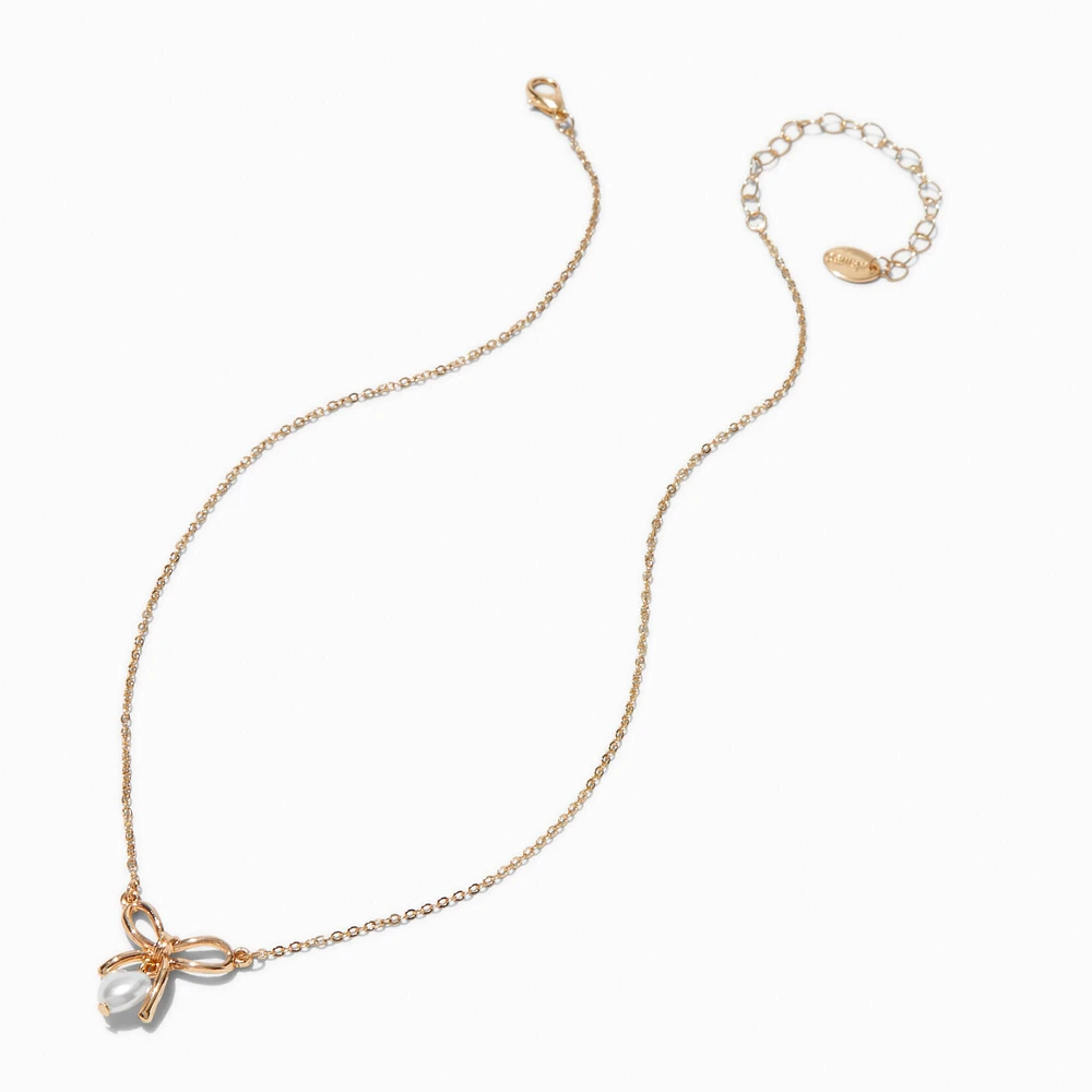 Gold-tone Bow & Heart Pearl Pendant Necklace