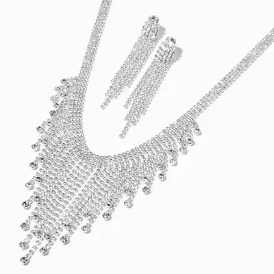 Silver Crystal Fringe Statement Necklace & Drop Earrings Set - 2 Pack