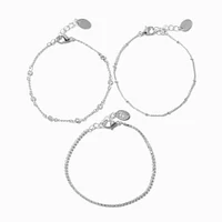 Silver-tone Cubic Zirconia Confetti Chain Bracelets- 3 Pack