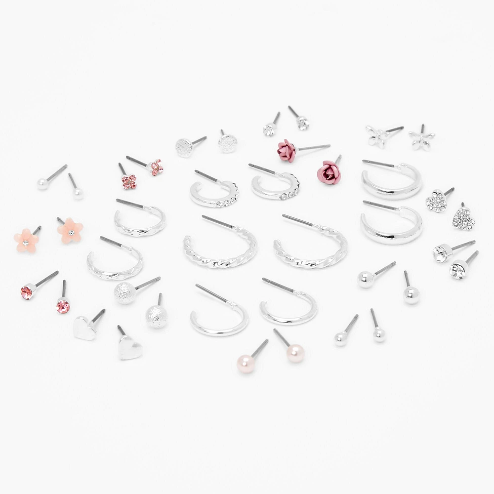 Silver Pretty Pink Earrings Set - 20 Pack