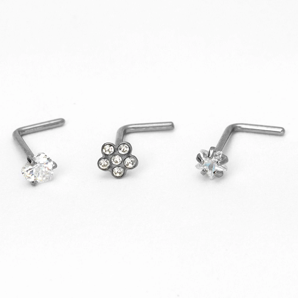 Silver Titanium 20G Flower, Heart & Star Nose Studs - 3 Pack