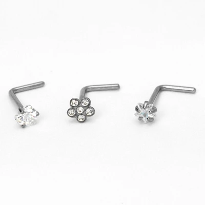 Silver-tone Titanium 20G Flower, Heart & Star Nose Studs - 3 Pack