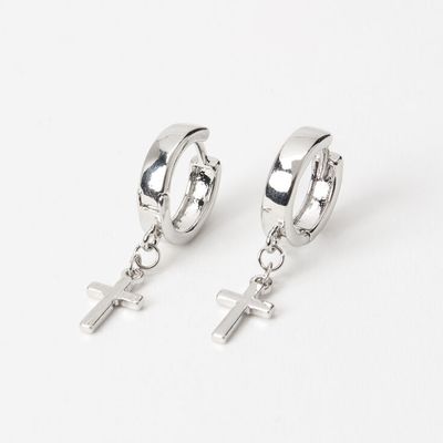 Silver 15MM Cross Huggie Hoop Earrings
