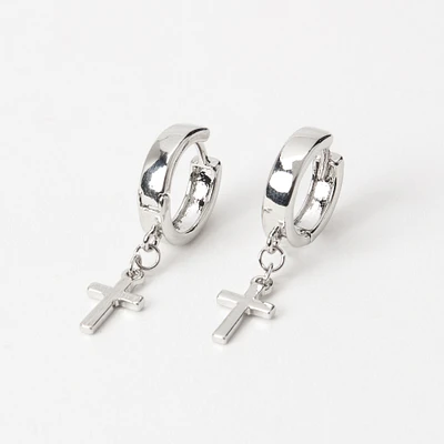 Silver-tone 15mm Cross Huggie Hoop Earrings