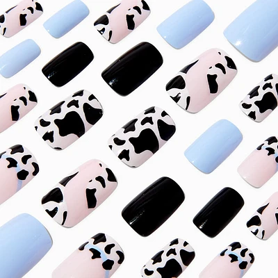 Blue Cow Print Mid Square Vegan Faux Nail Set - 24 Pack