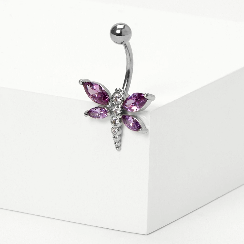 Silver-tone Stainless Steel Cubic Zirconia Dragonfly 14G Belly Bar