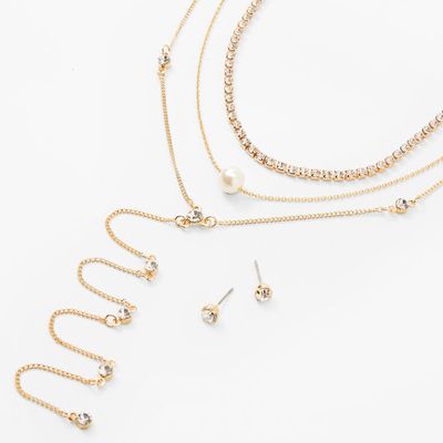 Gold Rhinestone And Pearl Layered Jewelry Set- 2 Pack